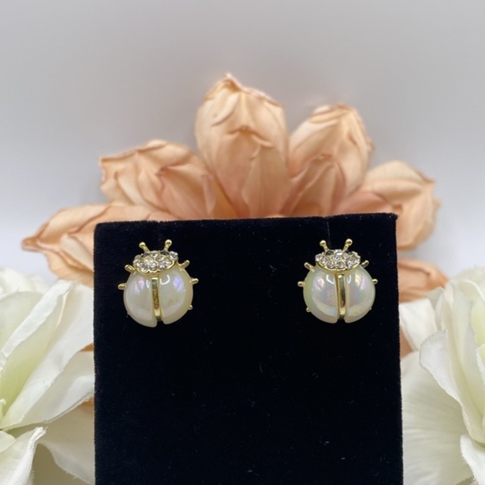 Ladybug Lucky Earrings With Iridescent Faux Pearls & Crystal Accents NEW
